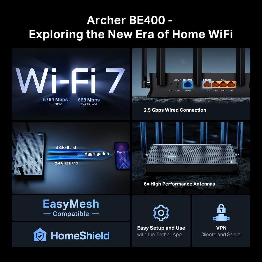 Wireless Router TP-LINK Wireless Router 6500 Mbps Wi-Fi 7 3x10/100/1000M 1x2.5GbE LAN \ WAN ports 1 Number of antennas 6 ARCHERBE400