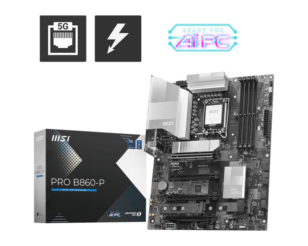 Mainboard MSI Intel B860 Express LGA1851 ATX Memory DDR5 Memory slots 4 4xPCI-Express 16x 1xHDMI 1xDisplayPort 1xAudio-In 1xAudio-Out 1xMicrophone 4xUSB 2.0 2xUSB 3.0 2xUSB 3.2 1xUSB-C w/Thunderbolt 1xRJ45 PROB860-P