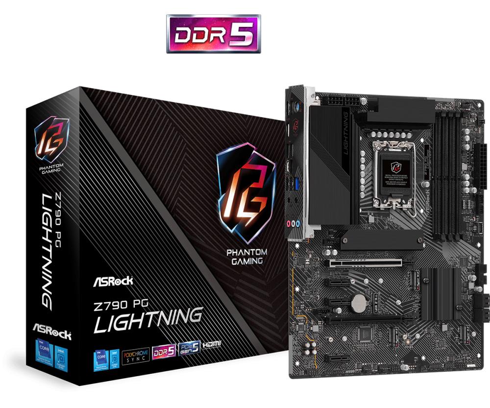 Mainboard ASROCK Intel Z790 LGA1700 ATX Memory DDR5 Memory slots 4 3xPCI-Express 3.0 1x 1xPCI-Express 4.0 16x 1xPCI-Express 5.0 16x 4xM.2 1xHDMI 1xAudio-In 1xAudio-Out 1xMicrophone 1xUSB 2.0 6xUSB 3.2 1xUSB-C 1xRJ45 Z790PGLIGHTNING