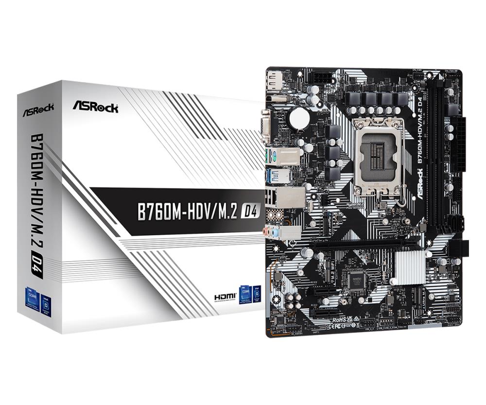 Mainboard ASROCK Intel B760 Express LGA1700 Micro-ATX Memory DDR4 Memory slots 2 2xPCI-Express 3.0 1x 1xPCI-Express 4.0 16x 2xM.2 1x15pin D-sub 1xHDMI 1xDisplayPort 2xUSB 2.0 3xUSB 3.2 1xUSB-C 1xPS/2 1xRJ45 3xAudio port B760M-HDV/M.2D4