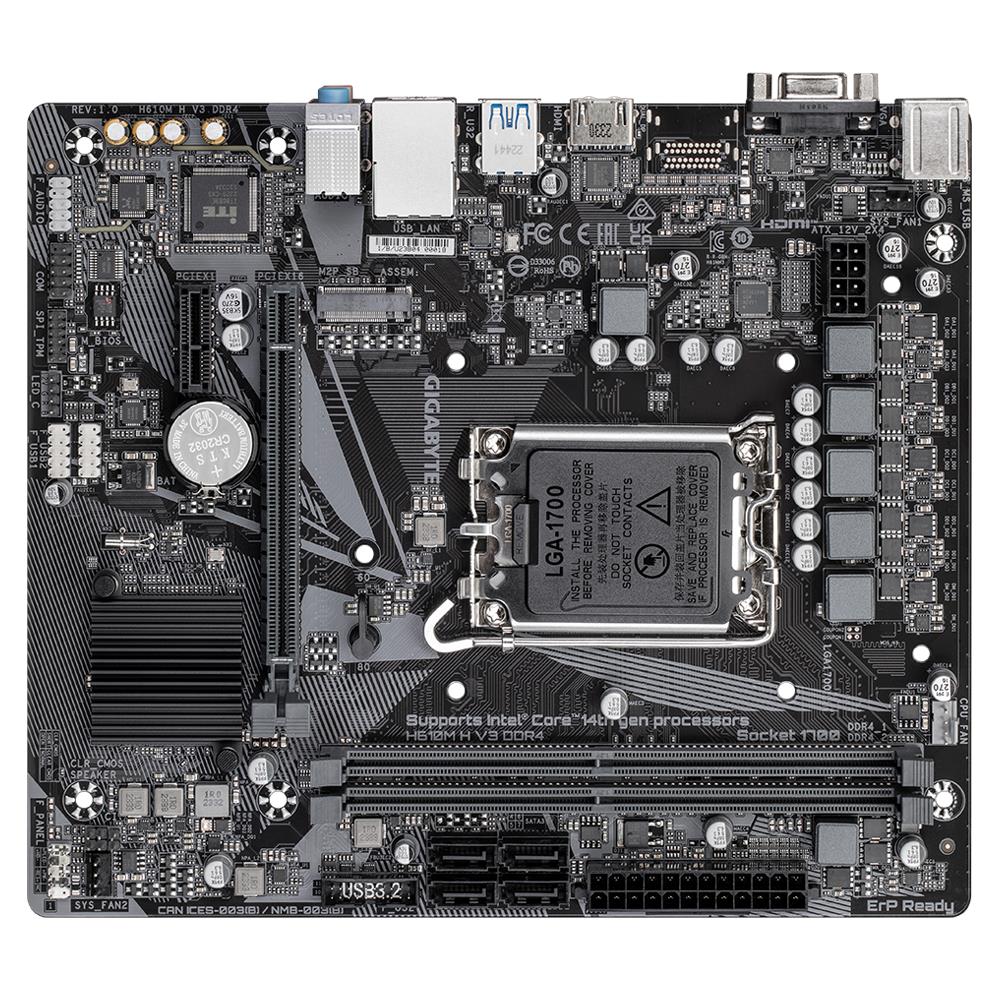 Mainboard GIGABYTE Intel H610 LGA1700 Micro-ATX Memory DDR4 Memory slots 2 1xPCI-Express 3.0 1x 1xPCI-Express 4.0 16x 1xM.2 1x15pin D-sub 1xHDMI 4xUSB 2.0 2xUSB 3.2 1xPS/2 1xRJ45 3xAudio port H610MHV3DDR4