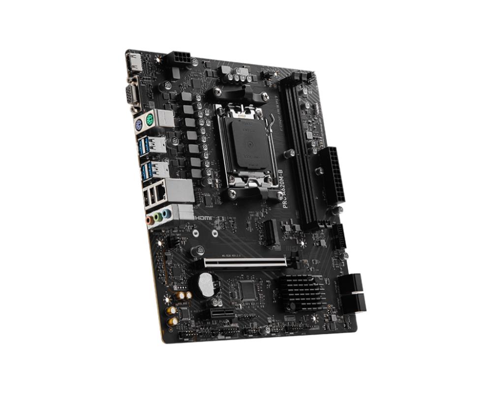 Mainboard MSI AMD A620 SAM5 Micro-ATX Memory DDR5 Memory slots 2 1xPCI-Express 3.0 1x 1xPCI-Express 4.0 16x 1xM.2 1x15pin D-sub 1xHDMI 2xUSB 2.0 4xUSB 3.2 2xPS/2 1xRJ45 3xAudio port PROA620M-B