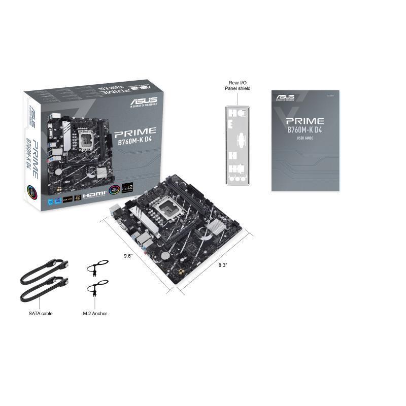 Mainboard ASUS Intel B760 Express LGA1700 Micro-ATX Memory DDR4 Memory slots 2 2xPCI-Express 4.0 1x 1xPCI-Express 4.0 16x 2xM.2 1x15pin D-sub 1xHDMI 2xUSB 2.0 4xUSB 3.2 1xPS/2 1xRJ45 3xAudio port PRIMEB760M-KD4