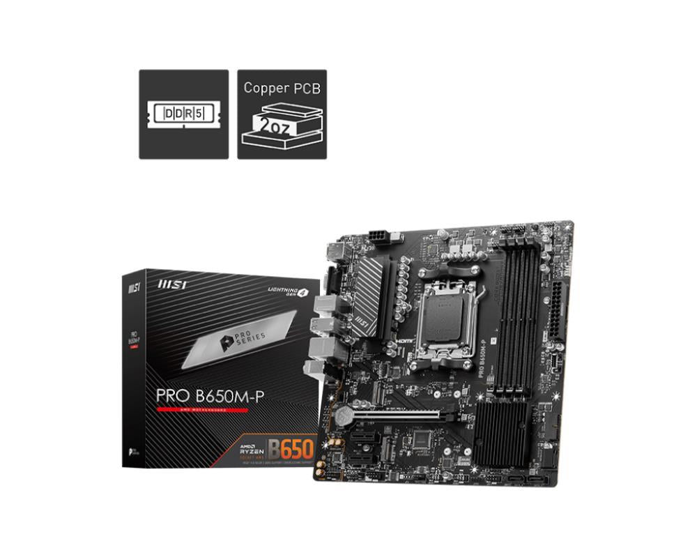 Mainboard MSI AMD B650 SAM5 Micro-ATX Memory DDR5 Memory slots 4 2xPCI-Express 1x 1xPCI-Express 16x 2xM.2 1x15pin D-sub 1xHDMI 1xDisplayPort 4xUSB 2.0 4xUSB 3.2 1xPS/2 1xRJ45 3xAudio port PROB650M-P