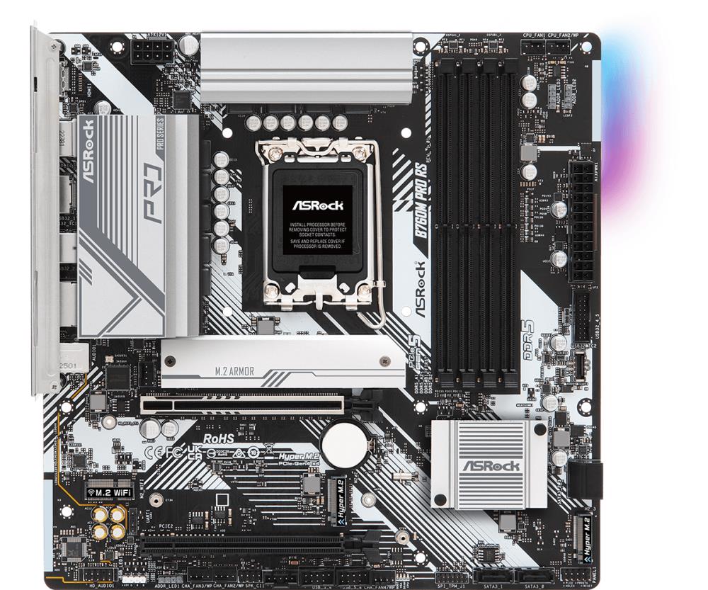 Mainboard ASROCK Intel B760 Express LGA1700 Micro-ATX Memory DDR5 Memory slots 4 1xPCI-Express 3.0 16x 1xPCI-Express 5.0 16x 1xM.2 1xHDMI 1xDisplayPort 2xUSB 2.0 3xUSB 3.2 1xUSB-C 1xPS/2 1xRJ45 3xAudio port B760MPRORS