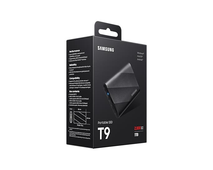 External SSD SAMSUNG T9 1TB USB 3.2 Write speed 1950 MBytes/sec Read speed 2000 MBytes/sec MU-PG1T0B/EU