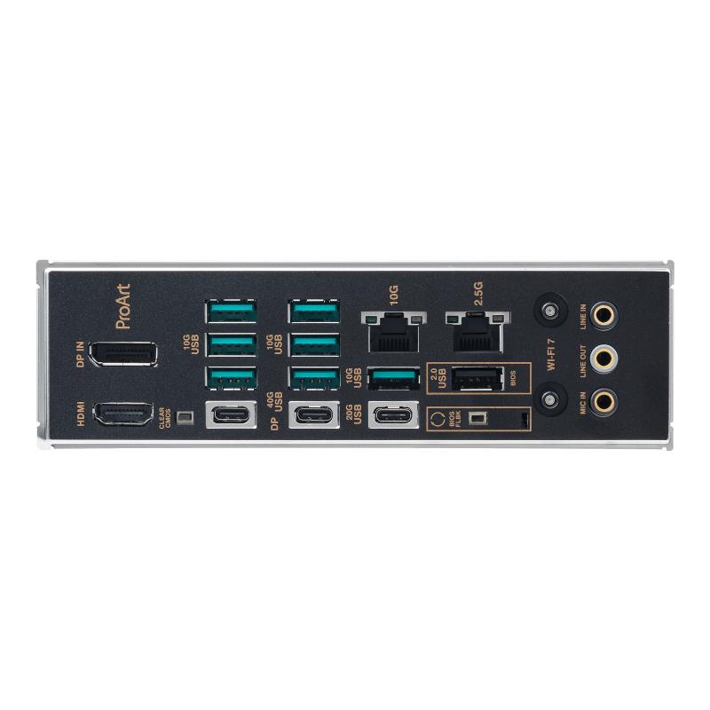 Mainboard ASUS AMD X870E SAM5 ATX Memory DDR5 Memory slots 4 3xPCI-Express 4.0 16x 2xPCI-Express 5.0 16x 4xM.2 1xHDMI 1xDisplayPort 1xUSB 2.0 7xUSB 3.2 3xUSB-C 1xRJ45 3xAudio port PROARTX870E-CREATORWIFI