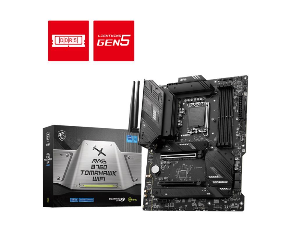Mainboard MSI Intel B760 Express LGA1700 ATX Memory DDR5 Memory slots 4 1xPCI-Express 1x 2xPCI-Express 16x 3xM.2 1xHDMI 1xDisplayPort 4xUSB 2.0 4xUSB 3.2 1xUSB-C 1xOptical S/PDIF 1xRJ45 5xAudio port MAGB760TOMAHAWKWIFI