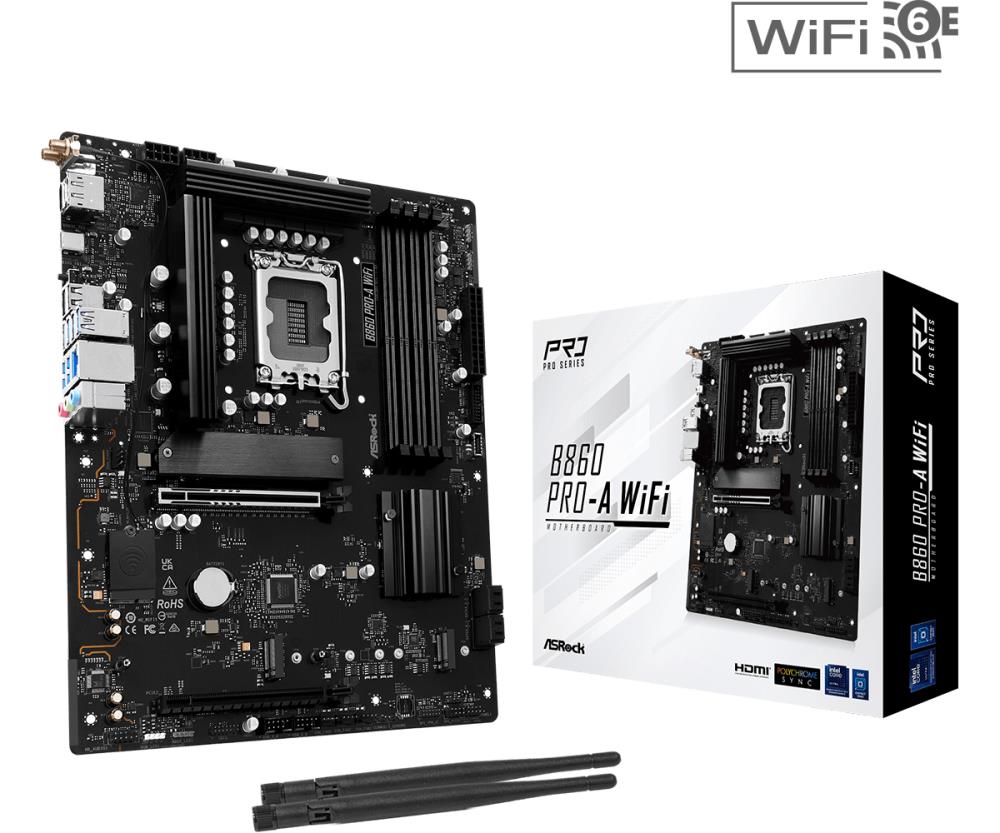 Mainboard ASROCK Intel B860 Express LGA1851 ATX Memory DDR5 Memory slots 4 1xPCI-Express 4.0 16x 1xPCI-Express 5.0 16x 1xM.2 1xHDMI 1xDisplayPort 1xAudio-In 1xAudio-Out 1xMicrophone 2xUSB 2.0 6xUSB 3.2 1xUSB-C 1xRJ45 B860PRO-AWIFI