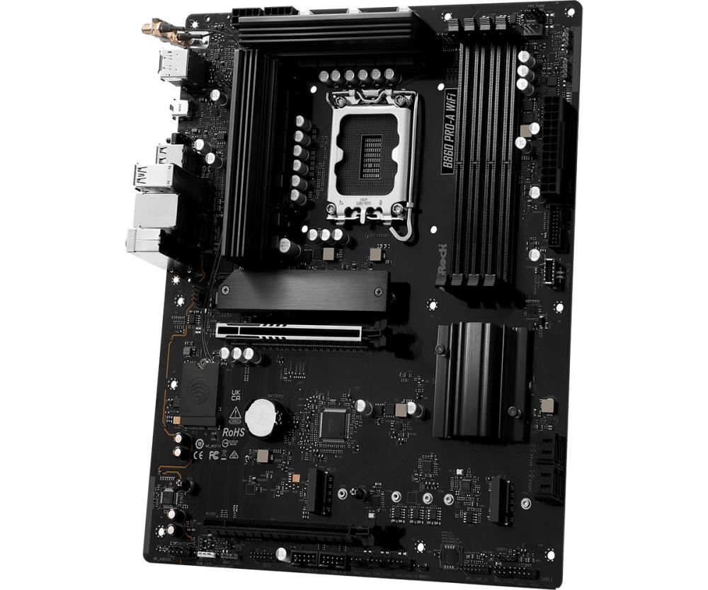 Mainboard ASROCK Intel B860 Express LGA1851 ATX Memory DDR5 Memory slots 4 1xPCI-Express 4.0 16x 1xPCI-Express 5.0 16x 1xM.2 1xHDMI 1xDisplayPort 1xAudio-In 1xAudio-Out 1xMicrophone 2xUSB 2.0 6xUSB 3.2 1xUSB-C 1xRJ45 B860PRO-AWIFI