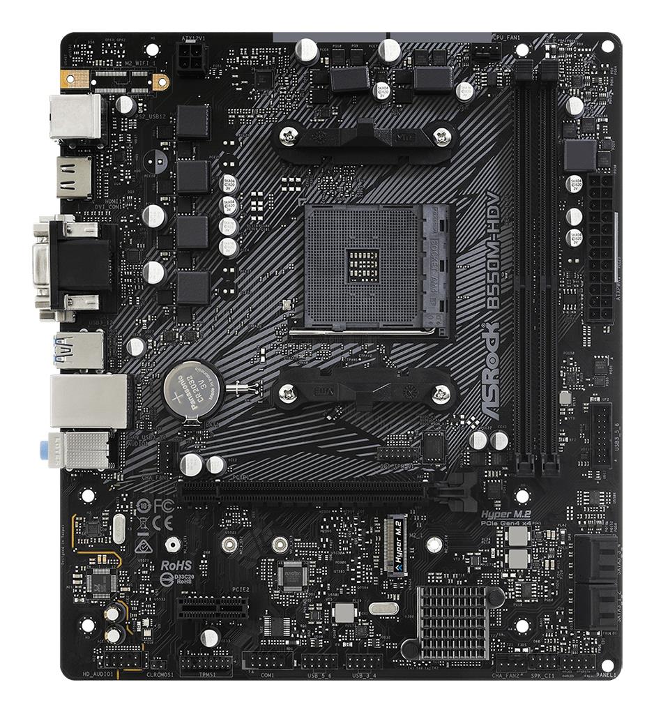 Mainboard ASROCK AMD B550 SAM4 MicroATX 1xPCI-Express 3.0 1x 1xM.2 1xPCI-Express 4.0 16x Memory DDR4 Memory slots 2 1x15pin D-sub 1xDVI 1xHDMI 2xUSB 2.0 4xUSB 3.2 1xPS/2 1xRJ45 3xAudio port B550M-HDV