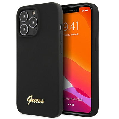 Guess GUHMP13LLSLMGBK iPhone 13 Pro / 13 6.1" black/black hardcase Silicone Script Gold Logo MagSafe