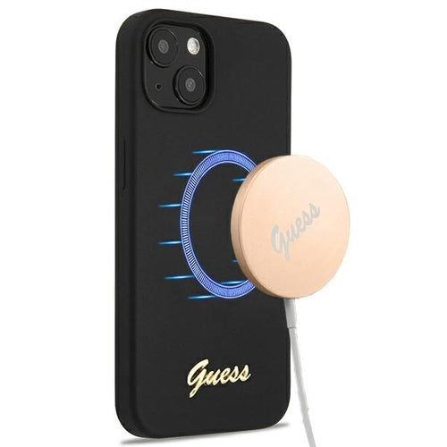 Guess GUHMP13MLSLMGBK iPhone 13 6.1" black/black hardcase Silicone Script Gold Logo Magsafe