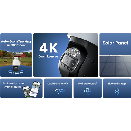 Reolink 4K Dual-Lens Wi-Fi 6 Battery-Powered Security Camera withSolar Panel 2 | Trackmix Series B770 | PTZ | 2.8mm/F1.6