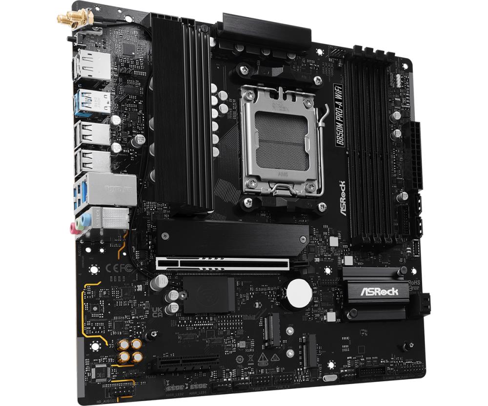 Mainboard ASROCK 1xPCI-Express 4.0 4x 1xPCI-Express 5.0 16x 1xM.2 1xHDMI 1xDisplayPort 1xAudio-In 1xAudio-Out 1xMicrophone 4xUSB 2.0 3xUSB 3.2 1xUSB-C 1xRJ45 B850MPRO-AWIFI