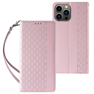 Magnet Strap Case Case for iPhone 14 Pro Flip Wallet Mini Lanyard Stand Pink — Hurtel
