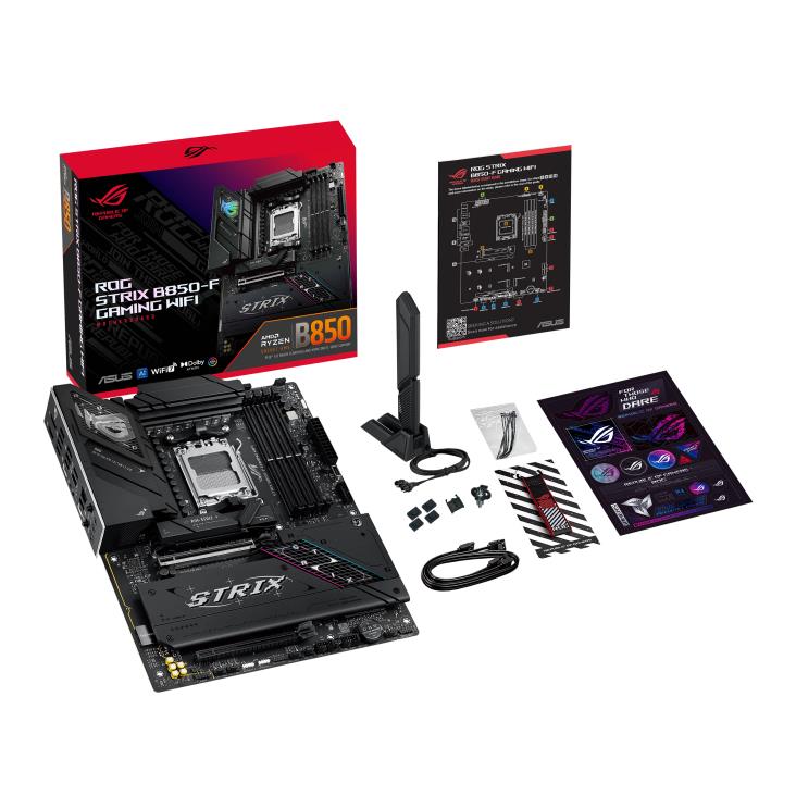 Mainboard ASUS AMD B850 SAM5 ATX Memory DDR5 Memory slots 4 1xPCI-Express 4.0 16x 1xPCI-Express 5.0 16x 4xM.2 1xHDMI 1xDisplayPort 12xUSB 2.0 3xUSB-C 1xUSB-C w/Thunderbolt 1xOptical S/PDIF 1xRJ45 2xAudio port STRIXB850-FGAMINGWIFI