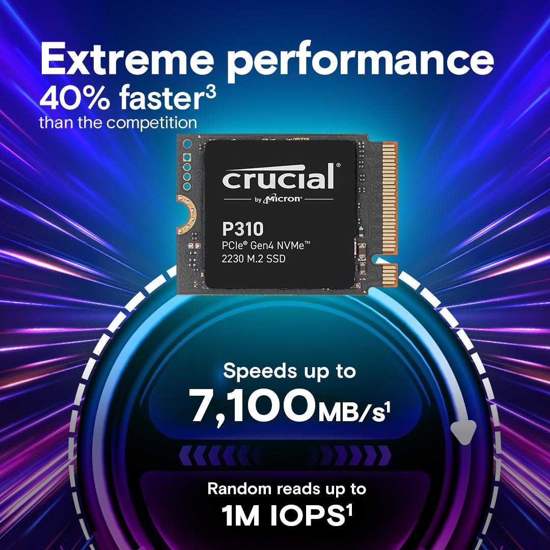 SSD CRUCIAL 440xTBW rating Read speed 7100 MB/s Write speed 6000 MB/s NVMe Yes PCI Express 4.0 M.2 1000 GB Crucial P310 1TB (CT1000P310SSD2) P310 CT1000P310SSD2