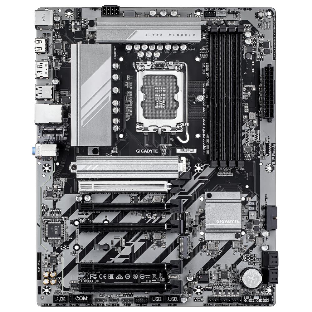 Mainboard GIGABYTE Intel B860 Express LGA1851 ATX Memory DDR5 Memory slots 4 4xPCI-Express 4.0 1x 1xPCI-Express 5.0 16x 2xM.2 1xHDMI 1xDisplayPort 4xUSB 2.0 1xUSB-C 1xPS/2 1xRJ45 3xAudio port B860DS3H