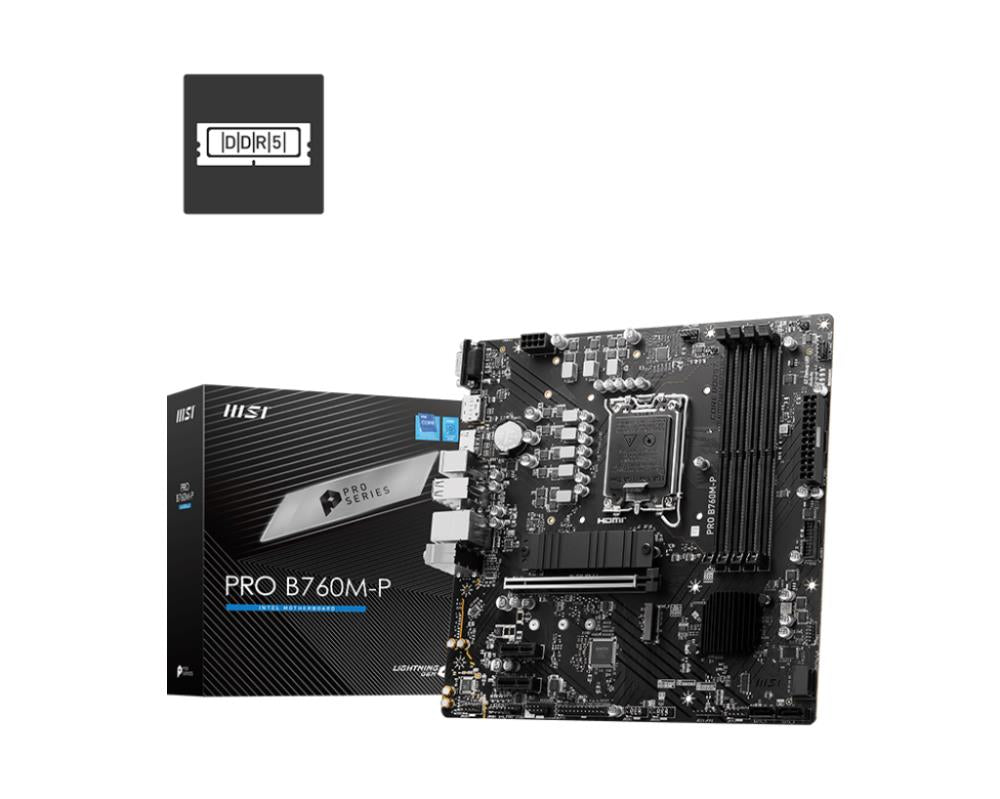 Mainboard MSI Intel B760 Express LGA1700 Micro-ATX Memory DDR5 Memory slots 4 2xPCI-Express 1x 1xPCI-Express 16x 2xM.2 1x15pin D-sub 1xHDMI 1xDisplayPort 4xUSB 2.0 1xUSB 3.2 1xUSB-C 2xPS/2 1xRJ45 3xAudio port PROB760M-P