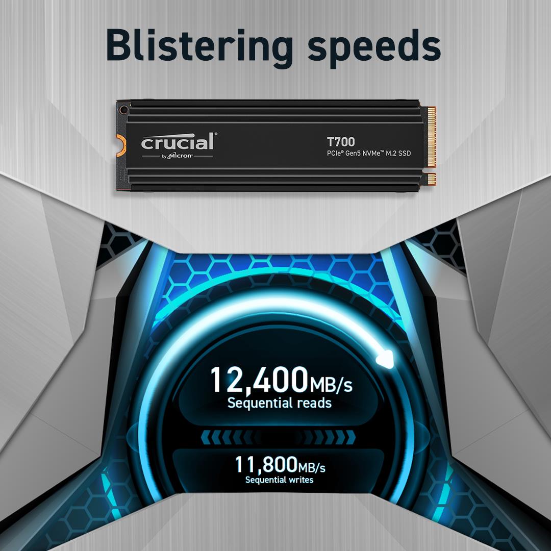 SSD CRUCIAL T700 4TB M.2 PCIe Gen5 NVMe TLC Write speed 11800 MBytes/sec Read speed 12400 MBytes/sec TBW 2400 TB CT4000T700SSD3