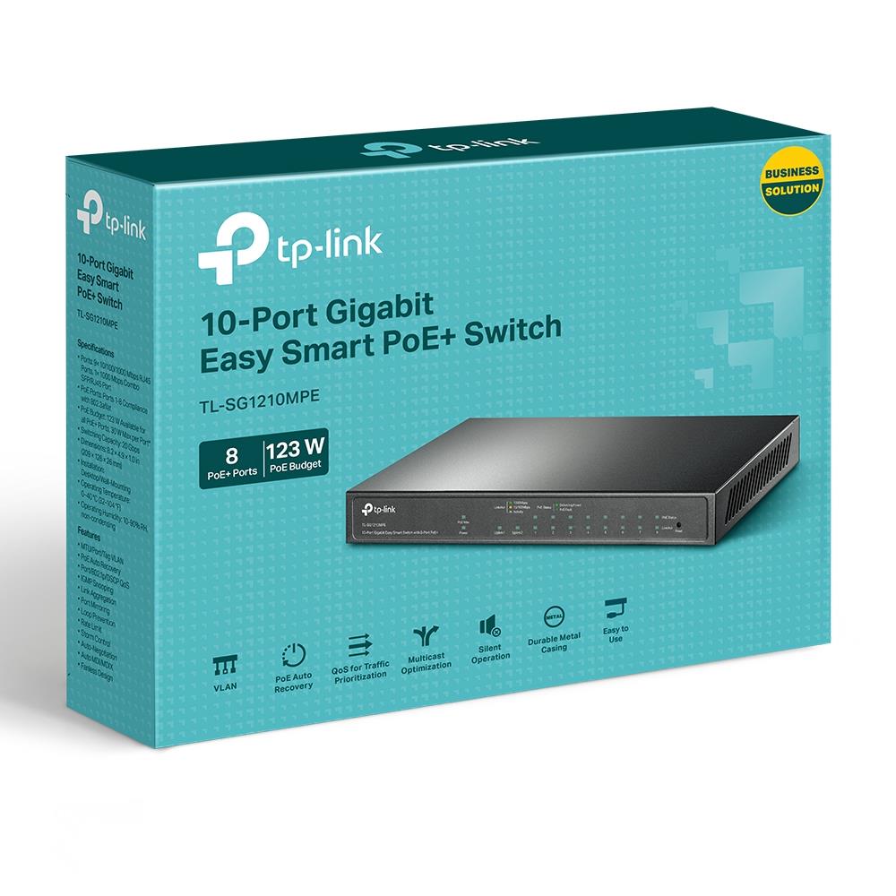 Switch TP-LINK Desktop/pedestal 9x10Base-T / 100Base-TX / 1000Base-T 1x10/100/1000BASE-T/SFP combo PoE+ ports 8 123 Watts TL-SG1210MPE