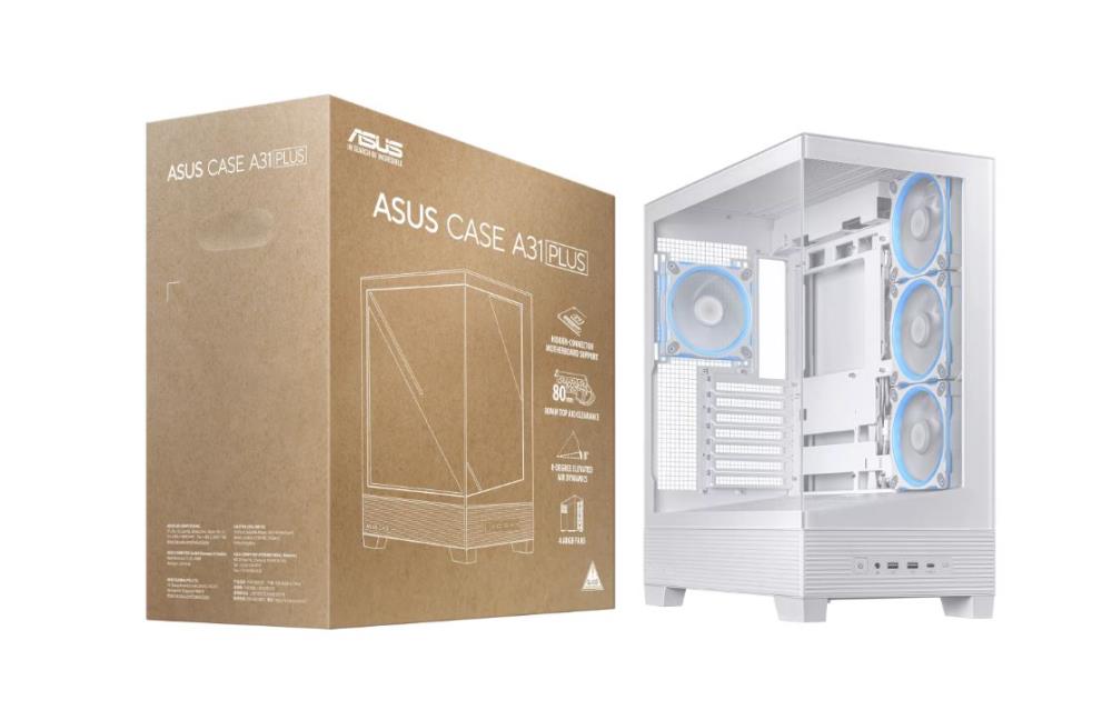 Case ASUS ASUS A31 PLUS Case MidiTower Case product features Transparent panel ATX BTX MicroATX MiniITX Colour White A31PLUSTGARGBWHITE