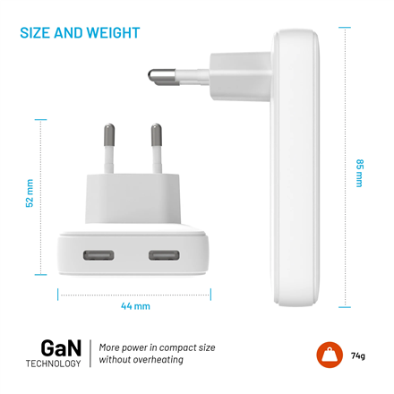 Fixed Slim 2xUSB-C Travel Charger, GaN, PD support