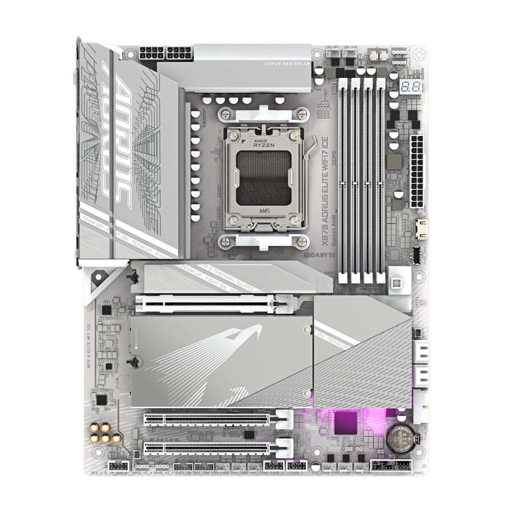 Mainboard GIGABYTE AMD X870 SAM5 ATX Memory DDR5 Memory slots 4 1xPCI-Express 3.0 2x 1xPCI-Express 4.0 4x 1xPCI-Express 5.0 16x 4xM.2 1xHDMI 4xUSB 2.0 6xUSB 3.2 2xUSB-C 1xOptical S/PDIF 1xRJ45 2xAudio port X870EAELITEWF7ICE1.2