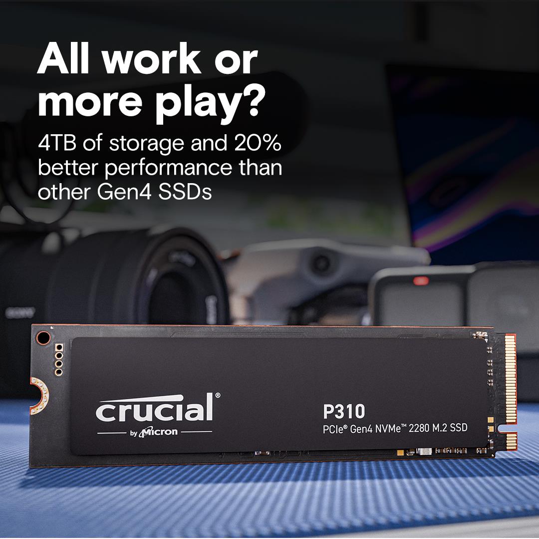 SSD CRUCIAL 800xTBW rating Read speed 7100 MB/s Write speed 6000 MB/s NVMe Yes PCI Express 4.0 M.2 4000 GB P310 CT4000P310SSD8