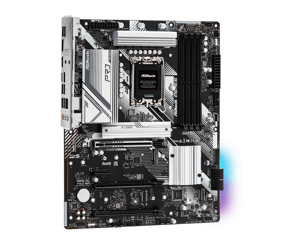 Mainboard ASROCK Intel B760 Express LGA1700 ATX Memory DDR5 Memory slots 4 1xPCI-Express 3.0 1x 1xPCI-Express 3.0 16x 1xPCI-Express 4.0 16x 1xPCI-Express 5.0 16x 3xM.2 1xHDMI 1xDisplayPort 2xUSB 2.0 5xUSB 3.2 1xUSB-C 1xRJ45 3xAudio port B760PRORS