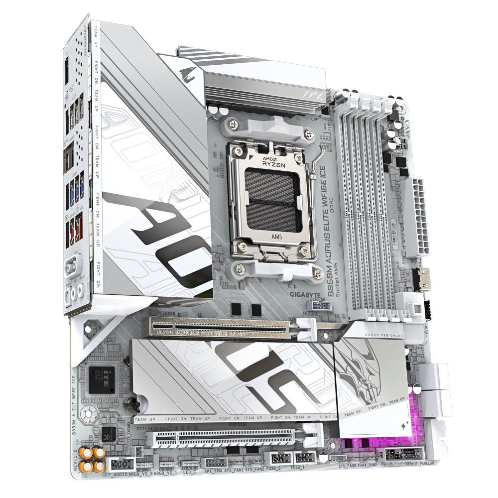 Mainboard GIGABYTE SAM5 Micro-ATX Memory DDR5 Memory slots 4 1xPCI-Express 3.0 16x 1xPCI-Express 5.0 16x 2xM.2 1xHDMI 1xDisplayPort 4xUSB 2.0 7xUSB 3.2 2xUSB-C 1xOptical S/PDIF 1xRJ45 2xAudio port B850MAELTWF6EICE