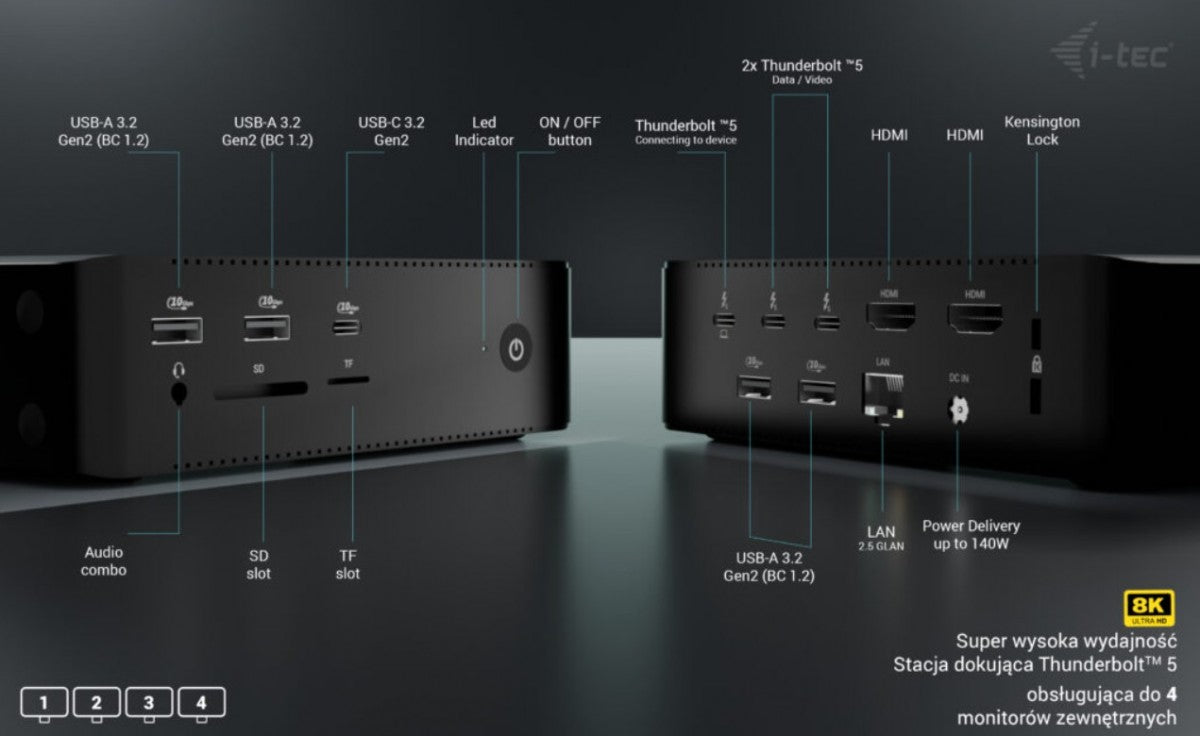Thunderbolt 5 Quattro Display Docking Station - 5× USB, 2.5G LAN, 140 W Power Delivery