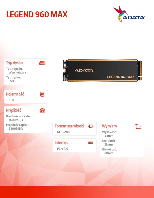 SSD drive LEGEND 960 MAX 2TB PCIe 4x4 7.4/6.8 GB/s M2