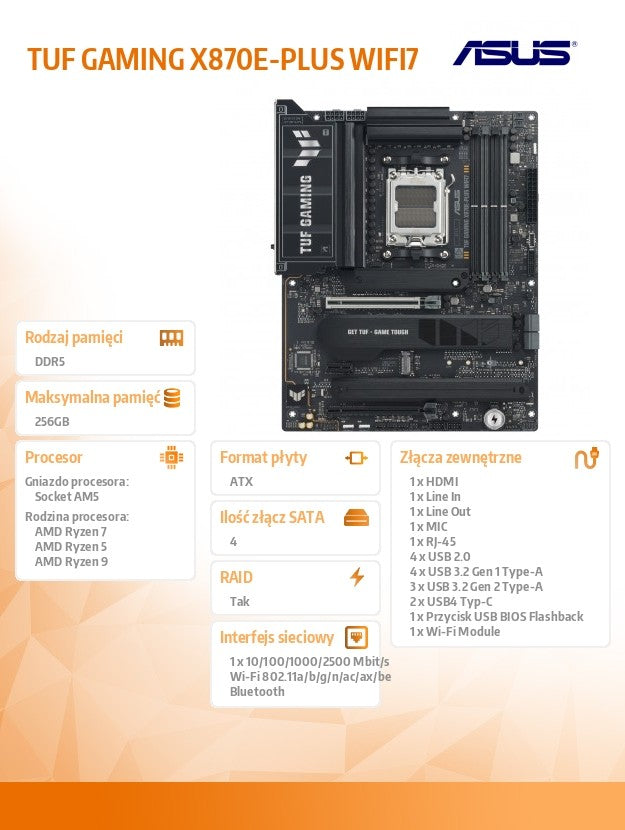 Motherboard TUF GAMING X870E-PLUS W IFI AM5 4DDR5 HDMI/USB-C