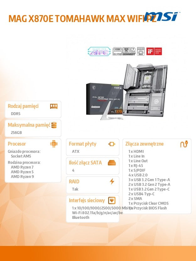 Motherboard MAG X870E TOMAHAWK MAX WIFI PZ AM5 4DDR5 ATX