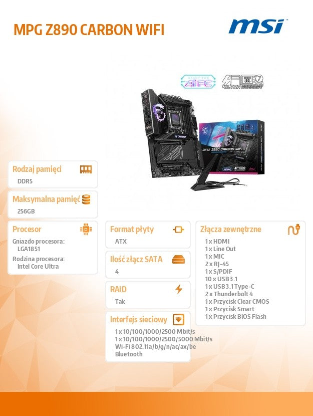 Motherboard MPG Z890 CARBON WIFI s1 851 4DDR5 HDMI/DP ATX