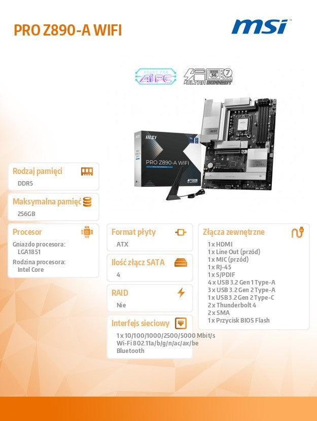 Motherboard PRO Z890-A WIFI s1851 4 DDR5 HDMI/DP ATX