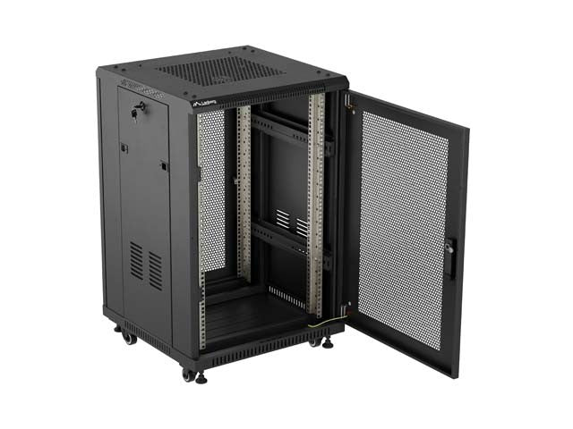 19-inch 18U floor-standing rack cabinet, 600x600, perforated door, LCD (flat-pack), black