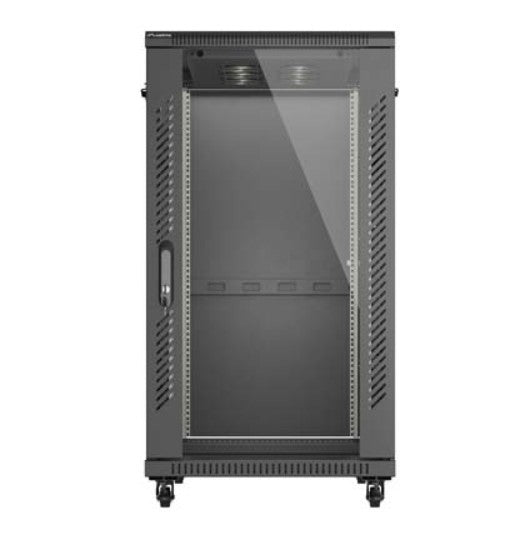 19" 22U 600x1000 black floor-standing rack cabinet with glass doors (flat pack)