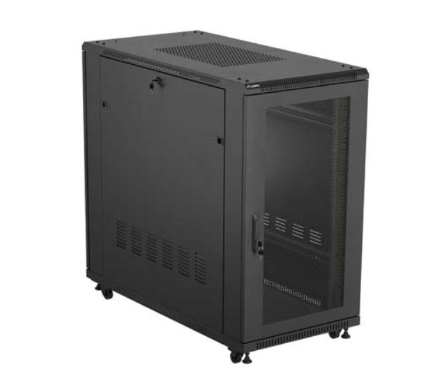 19" 22U 600x1200 black floor-standing rack cabinet with perforated doors (flat pack)