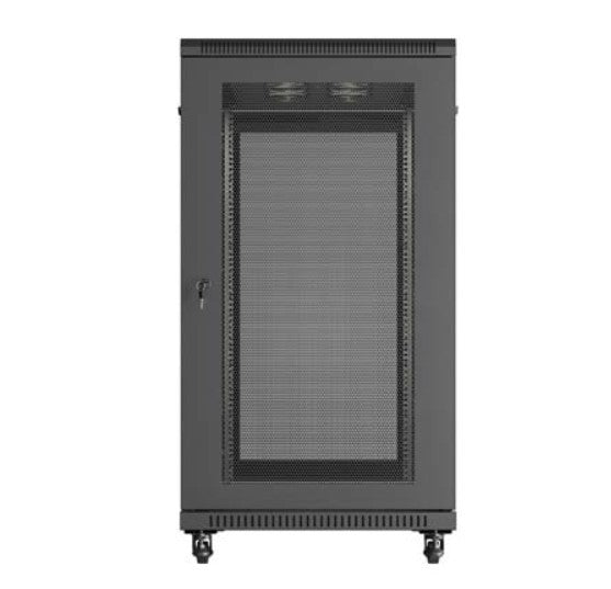 19" 22U 600x1200 black floor-standing rack cabinet with perforated doors (flat pack)
