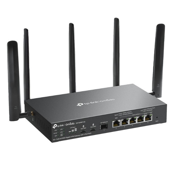 Omada 4G+ Cat6 AX3000 Gigabit VPN Gate with 4-Port PoE+PORT: 1× Gigabit SFP WAN/LAN Port, 1× Gigabit RJ45 WAN Port, 4× Gigabit WAN/LAN ER706WP-4G