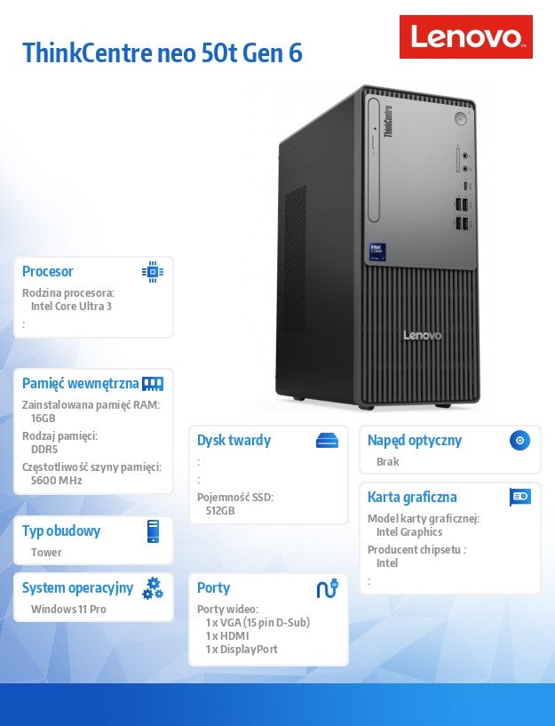 Computer ThinkCentre Neo 50t G6 TOWER 13BD005CPB Ultra 3 205/16GB/512GB/INT/BLACK/3YRS OS