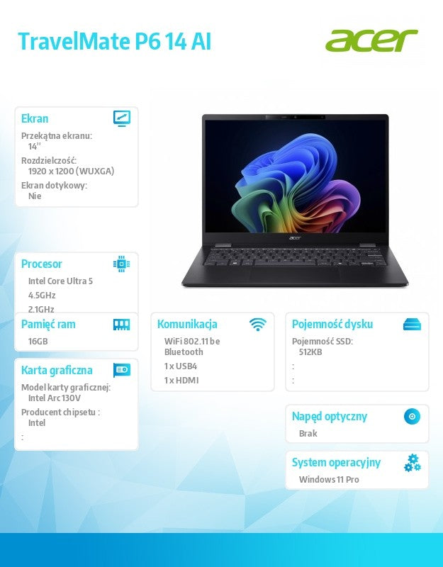 Laptop TravelMate P6 14 AI TMP614-54T-TCO Ultra 5 226V/16GB/512GB/W11PRO ; gwarancja 36 miesięcy ONSITE