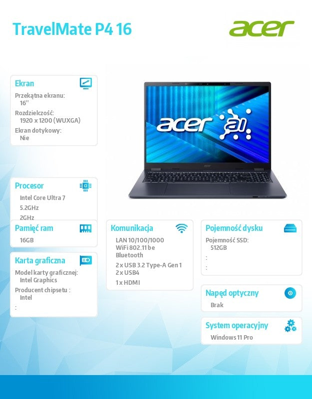 Laptop TravelMate P4 TMP416-54-TCO Ultra 7 255U 16GB/512GB/W11Pro