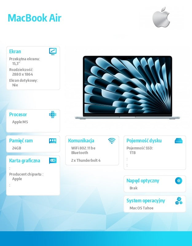 MacBook Air 15.3-inch: M5 10/10, 24GB, 1TB SSD, without power supply - Sky Blue