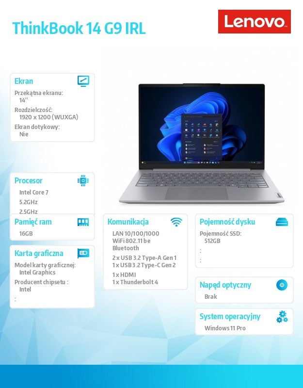 Laptop ThinkBook 14 G9 21UY00G2PB W11Pro 7 240H/16GB/512GB/INT/14.0 WUXGA/arctic grey/3YRS OS + 1Yr CI + CO2 Offset