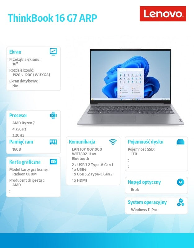 Laptop ThinkBook 16 G7 21MW000UPB W11Pro 7735HS/16GB/1TB/AMD Radeon/16.0 WUXGA/Arctic Grey/3YRS OS + CO2 Offset