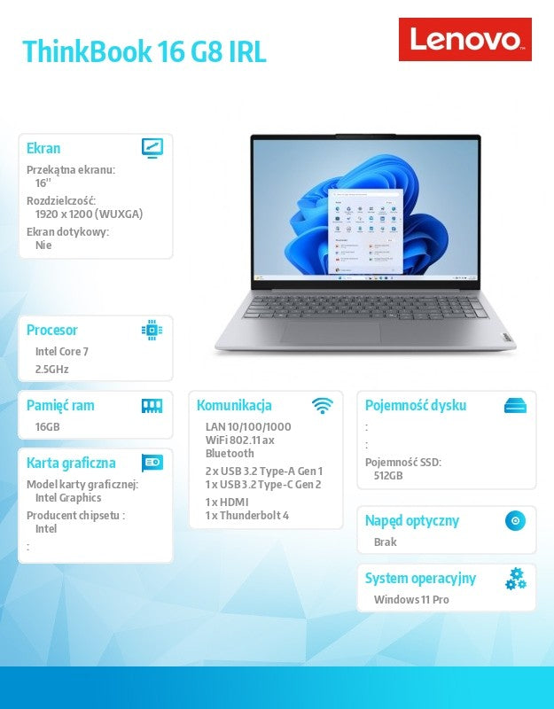 Laptop ThinkBook 16 G8 21SH00A4PB W11Pro Intel 7 240H/16GB/512GB/INT/16 cali WUXGA/Luna Grey/3YRS OS + CO2 Offset